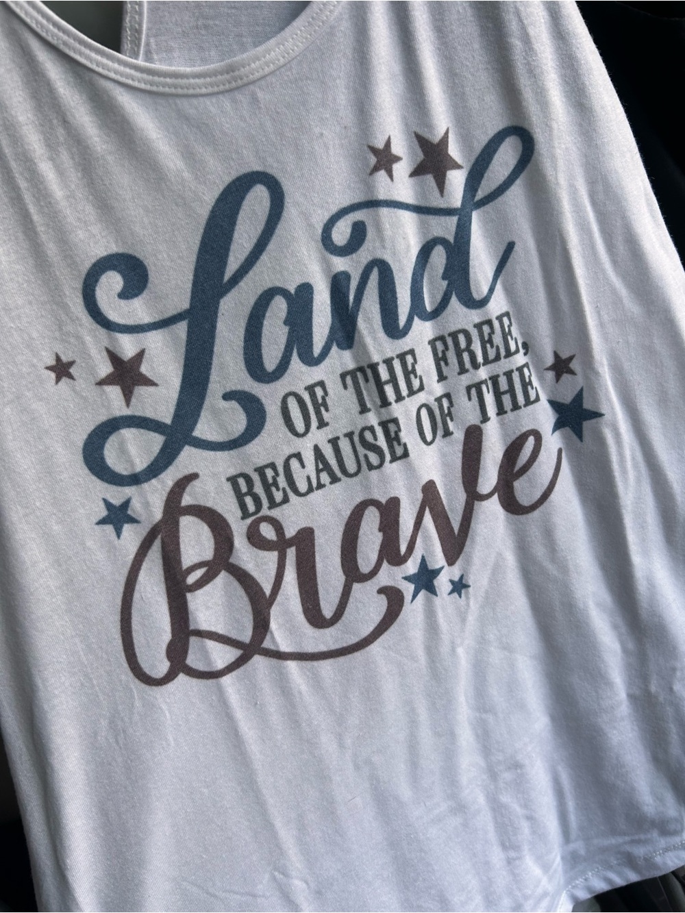 Next Level Apparel White Tank with Blue and Red Patriotic Script